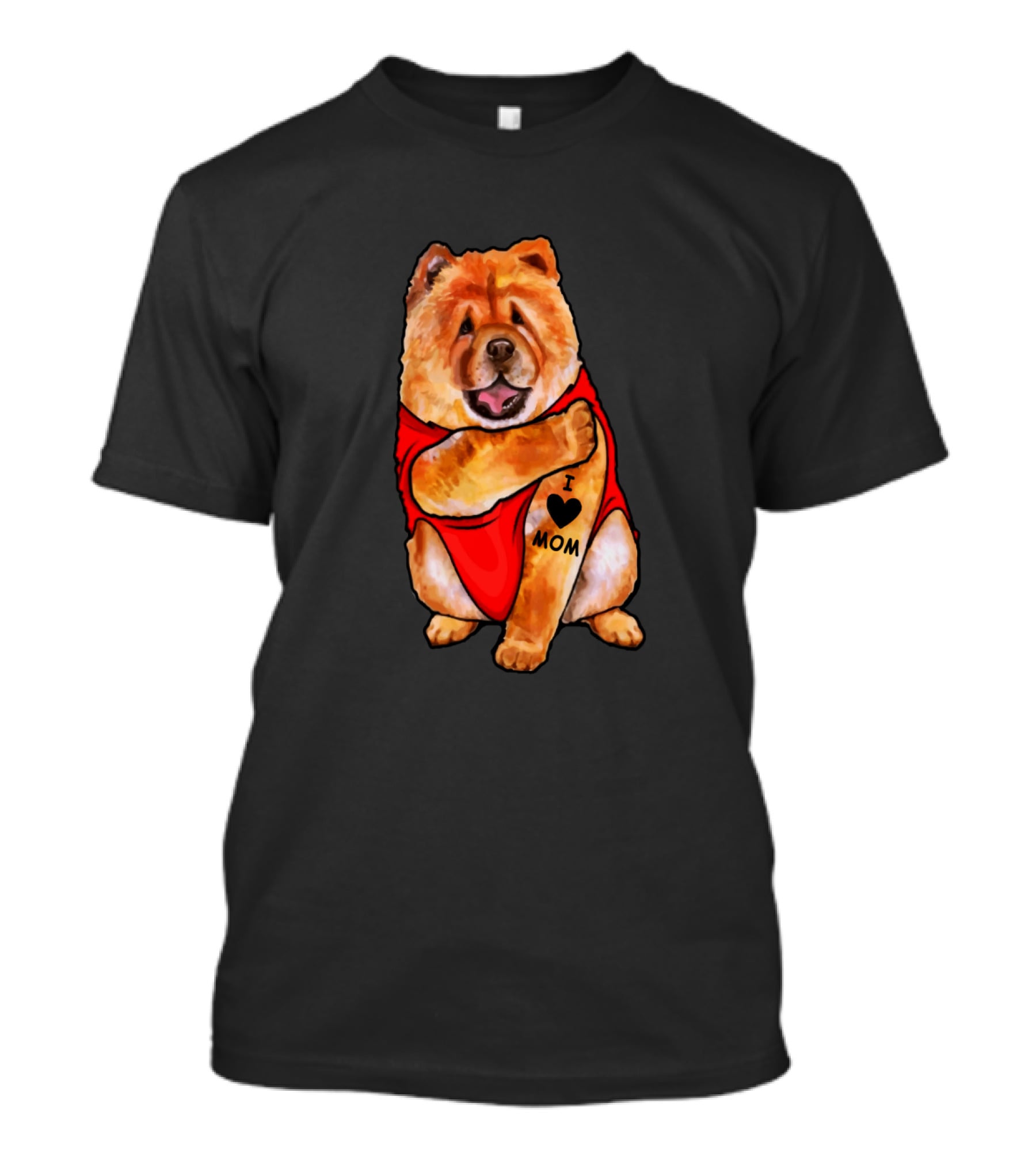 Chow Chow Dog In Red Outfit With I Love Mom Tattoo T-Shirt