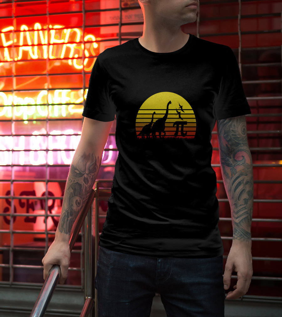 Retro Vintage Dinosaur Pi Day Sunset Scene T-Shirt