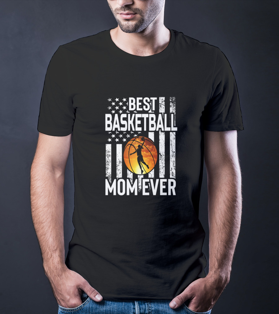 Best Basketball Mom Ever Vintage American Flag Basketball Dunk T-Shirt