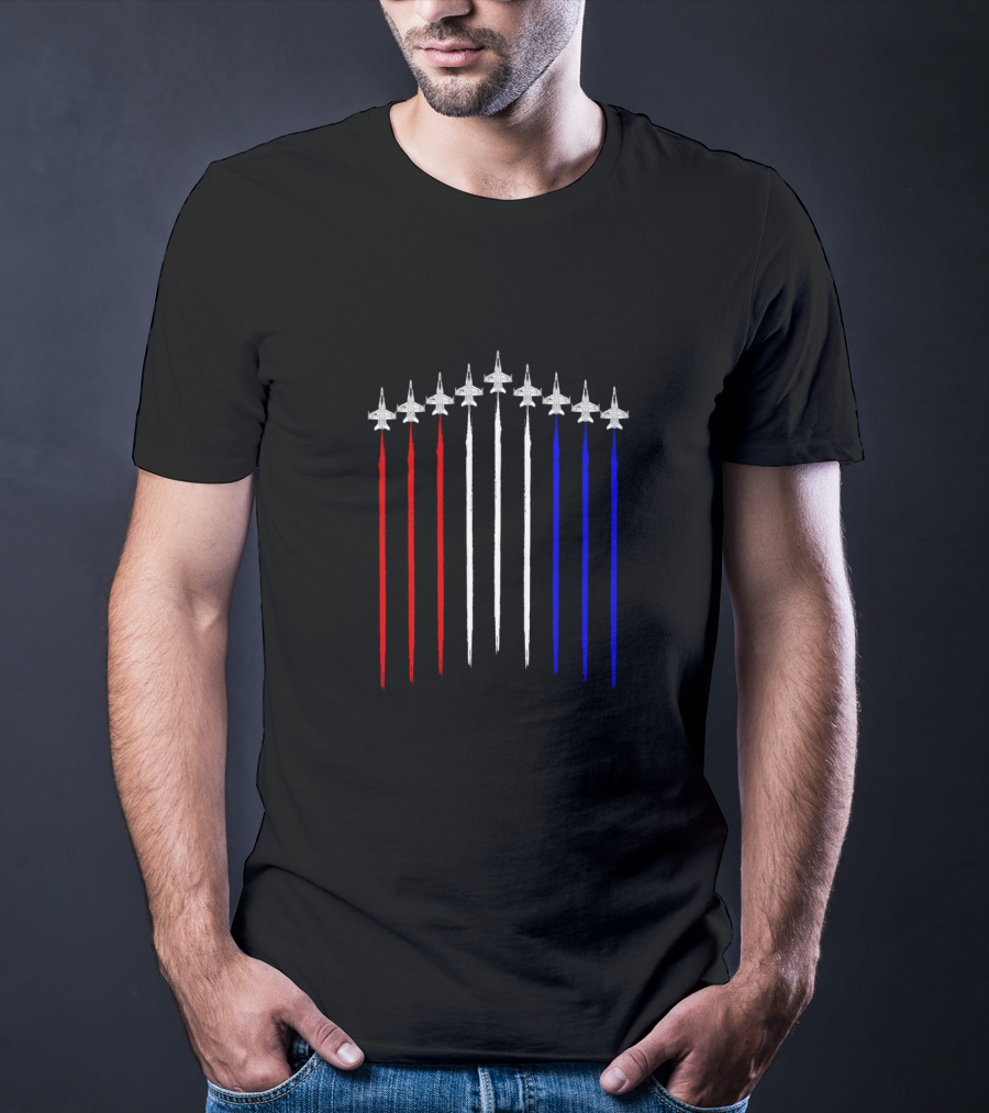 F18 Hornet Schematic Contrails In Red White Blue USA Flag T-Shirt