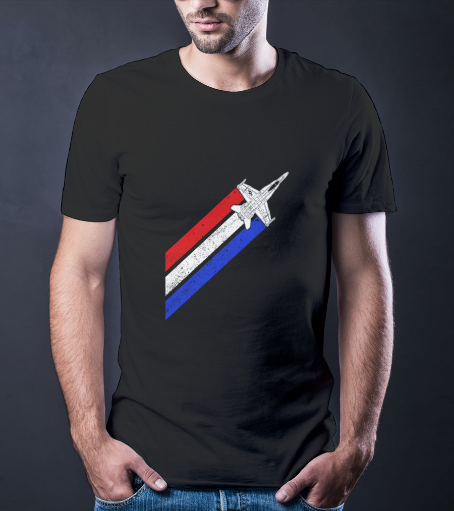 F18 Hornet Airplane Schematic Red White Blue Vintage Stripes T-Shirt