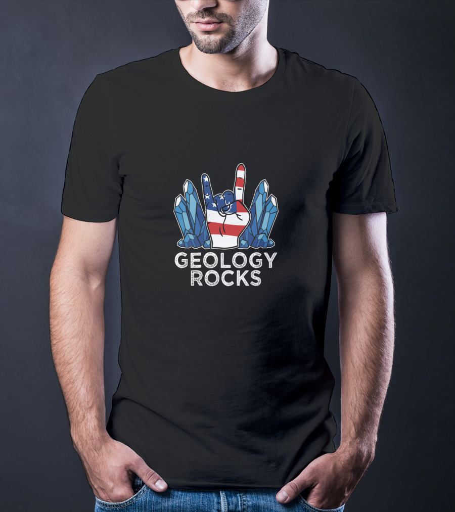 Geology Rocks USA Flag Mineral Crystals Hand Sign T-Shirt