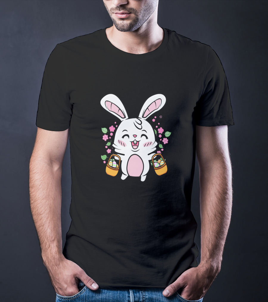 Kids Easter Bunny With Baskets Cute Egg Hunt Colorful Spring Flowers T-Shirt