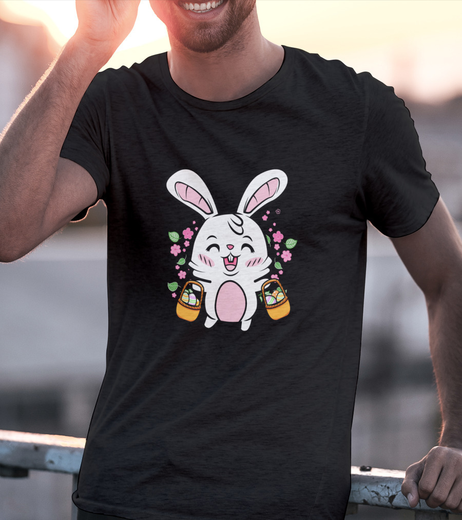 Kids Easter Bunny With Baskets Cute Egg Hunt Colorful Spring Flowers T-Shirt