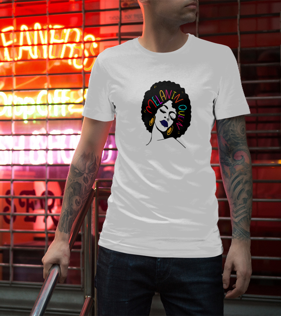 Melanin Queen Afro American Afro Latina Proud Black Woman Raglan Afro Hairstyle Bold Colors Gold Hoop Earrings T-Shirt