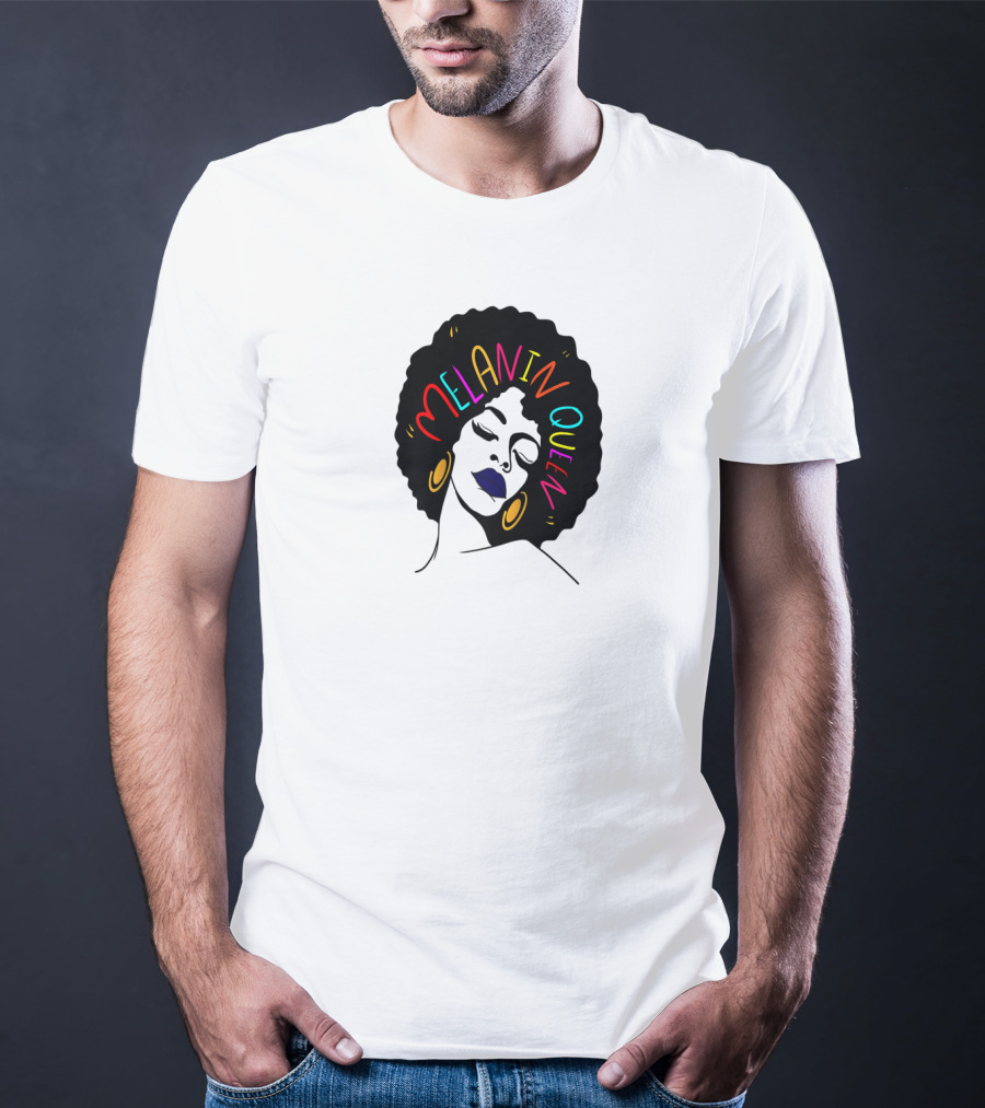 Melanin Queen Afro American Afro Latina Proud Black Woman Raglan Afro Hairstyle Bold Colors Gold Hoop Earrings T-Shirt