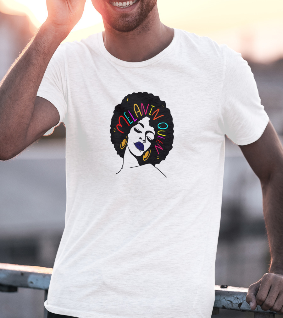 Melanin Queen Afro American Afro Latina Proud Black Woman Raglan Afro Hairstyle Bold Colors Gold Hoop Earrings T-Shirt