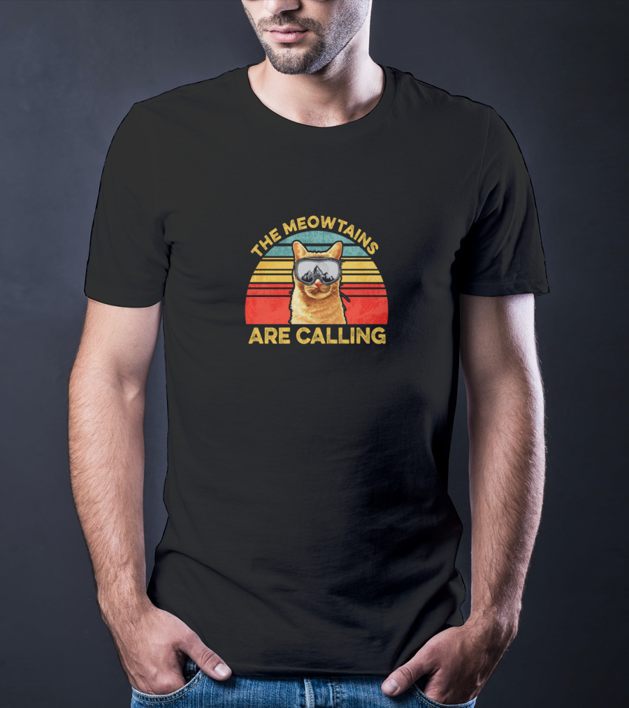 The Meowtains Are Calling Cat With Goggles Retro Sunset T-Shirt