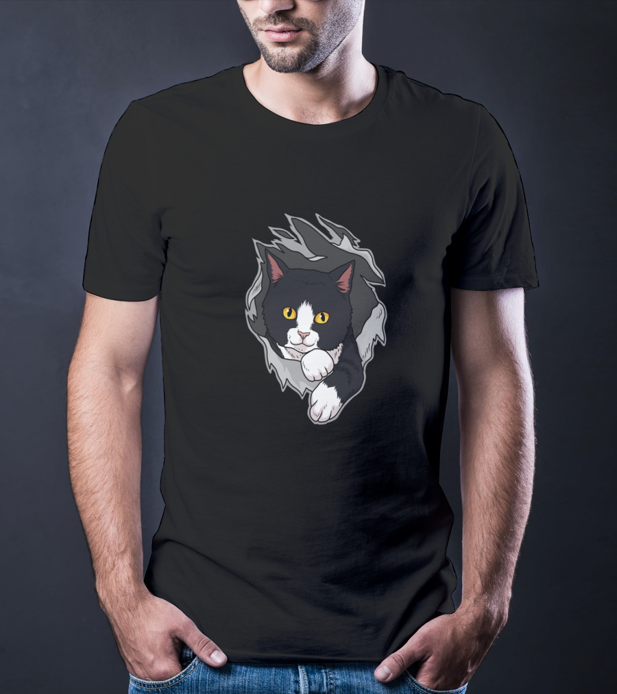Tuxedo Cat Breaking Through For Women Men And Kitten Lovers T-Shirt