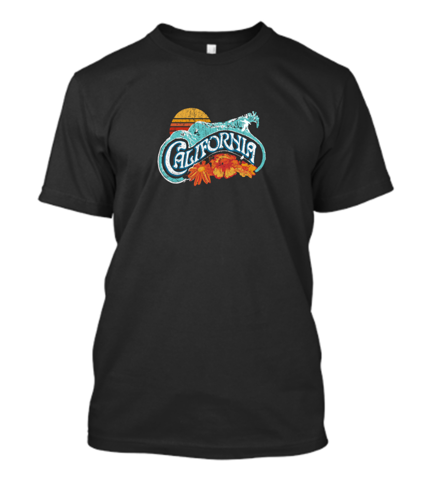 Retro Surf Wave California 80's Sunburst And Florals T-Shirt
