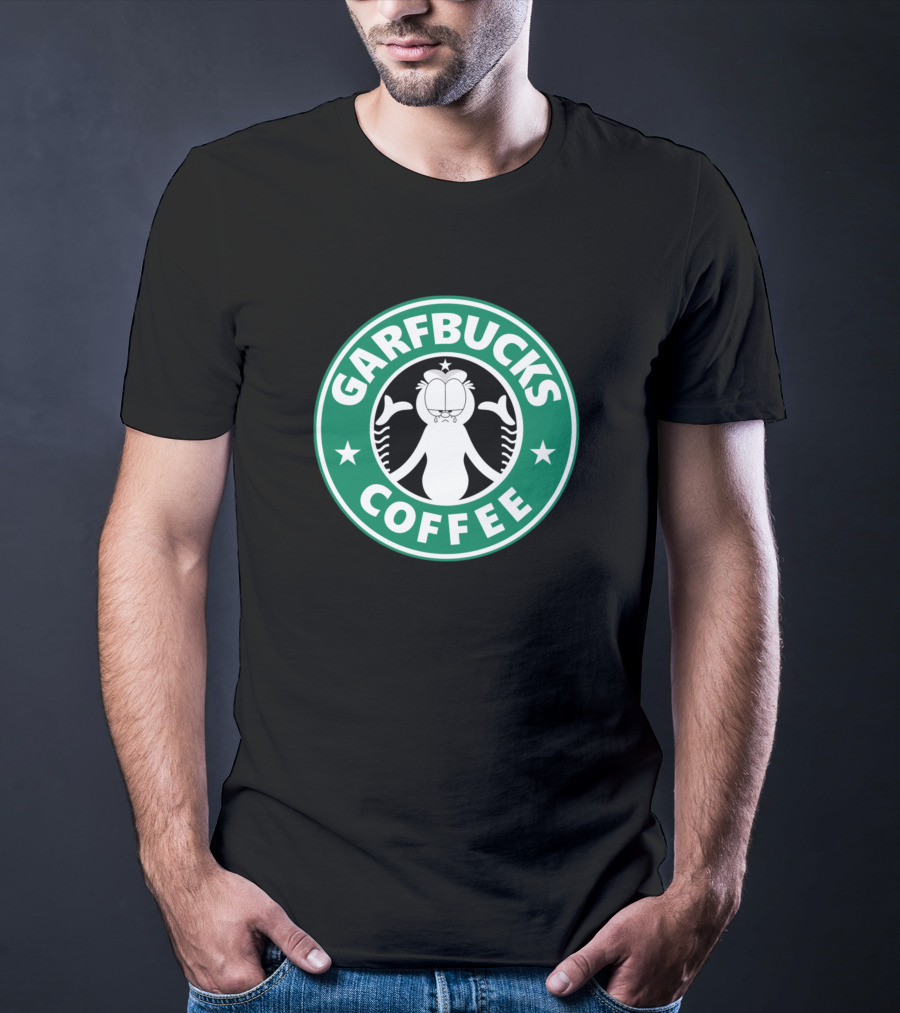 Garfield Garfbucks Coffee Logo Parody With Green Circle Stars And Cartoon Cat T-Shirt
