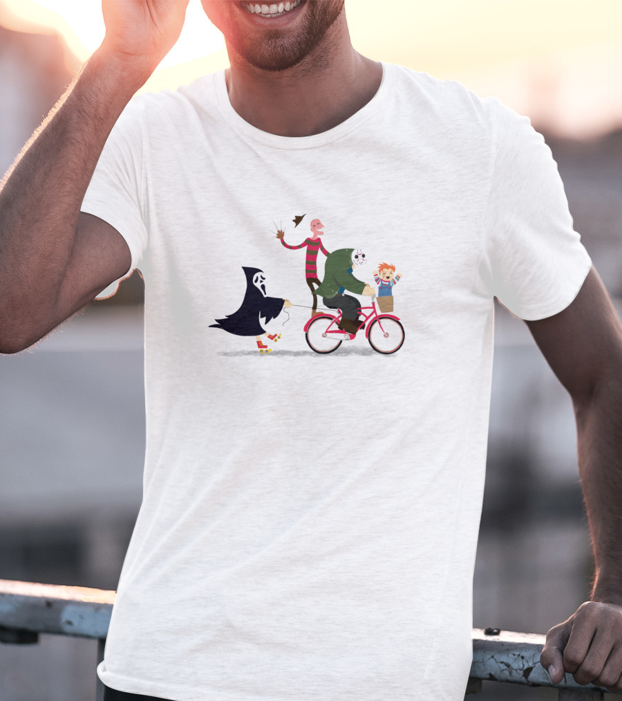 Horror Characters Night Ride With Ghost Mask Freddy Jason And Doll On Bicycle T-Shirt