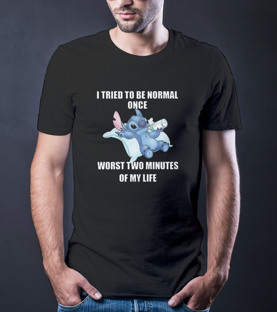I Tried To Be Normal Once Worst Two Minutes Of My Life Stitch Character Holding Bottle T-Shirt