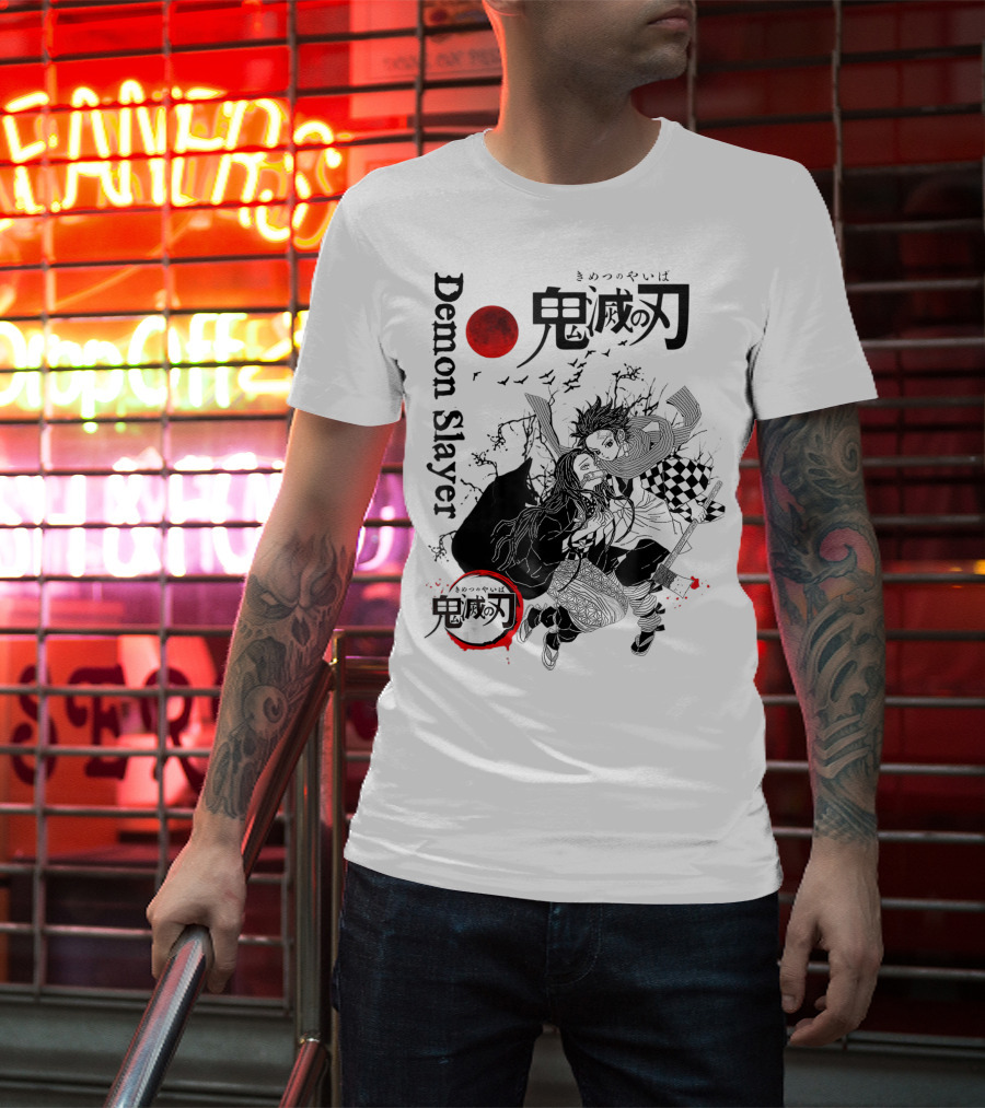 Demon Slayer Black And White Arts Anime With Red Moon T-Shirt