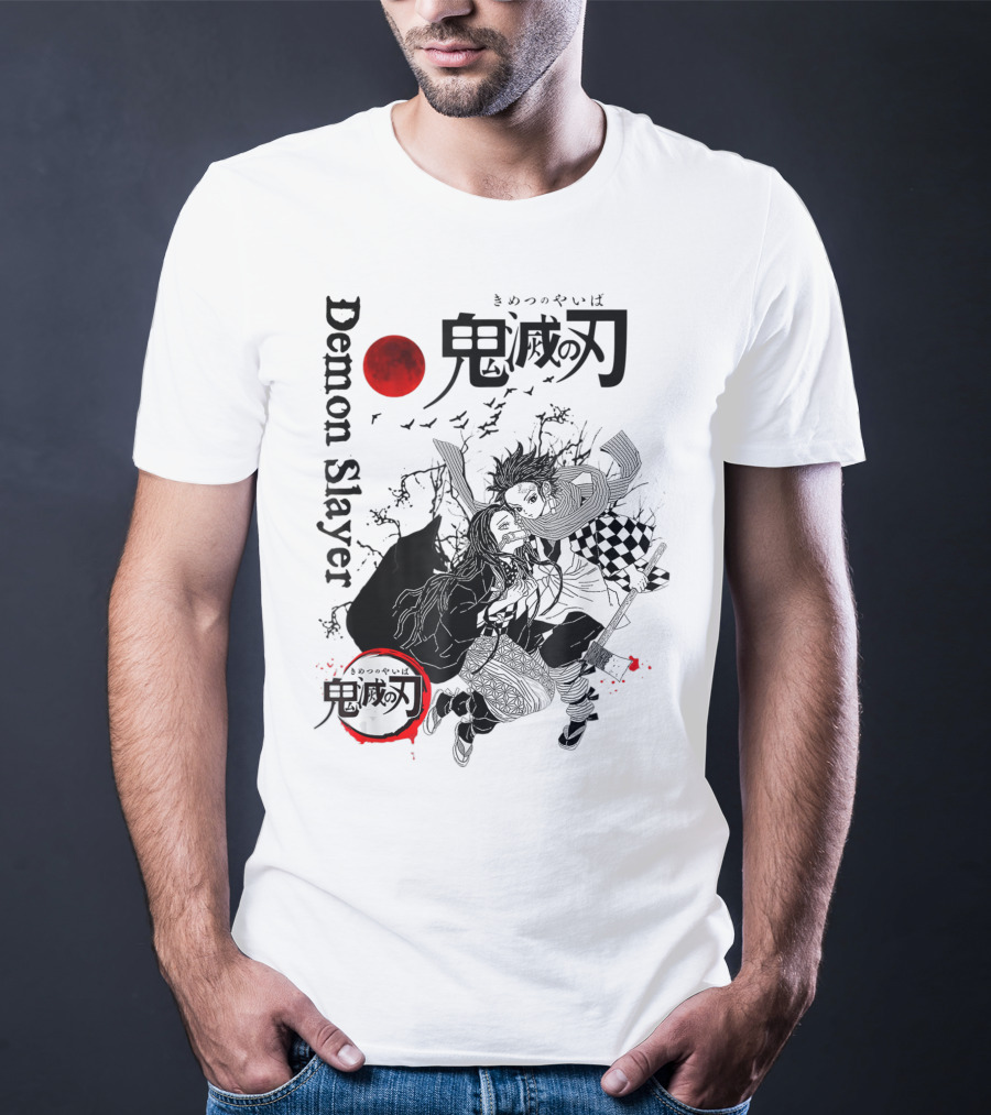 Demon Slayer Black And White Arts Anime With Red Moon T-Shirt