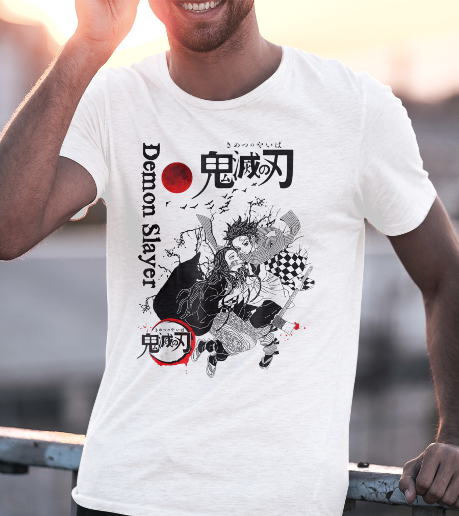 Demon Slayer Black And White Arts Anime With Red Moon T-Shirt