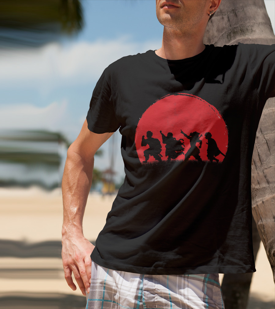 Cute Anime Demon Slayers Silhouette Against Blood Moon T-Shirt