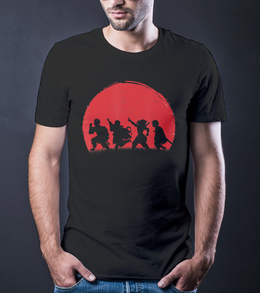 Cute Anime Demon Slayers Silhouette Against Blood Moon T-Shirt