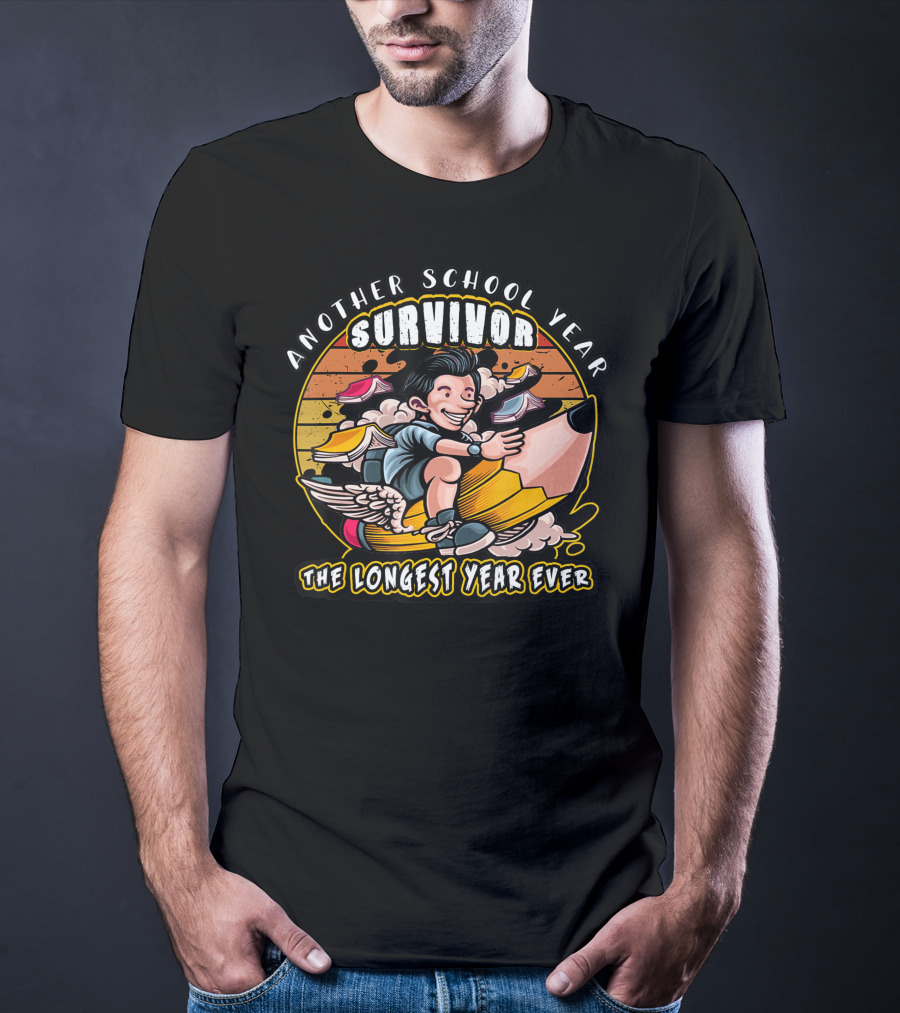 Another School Year Survivor The Longest Year Ever Retro Cartoon Pencil Ride T-Shirt