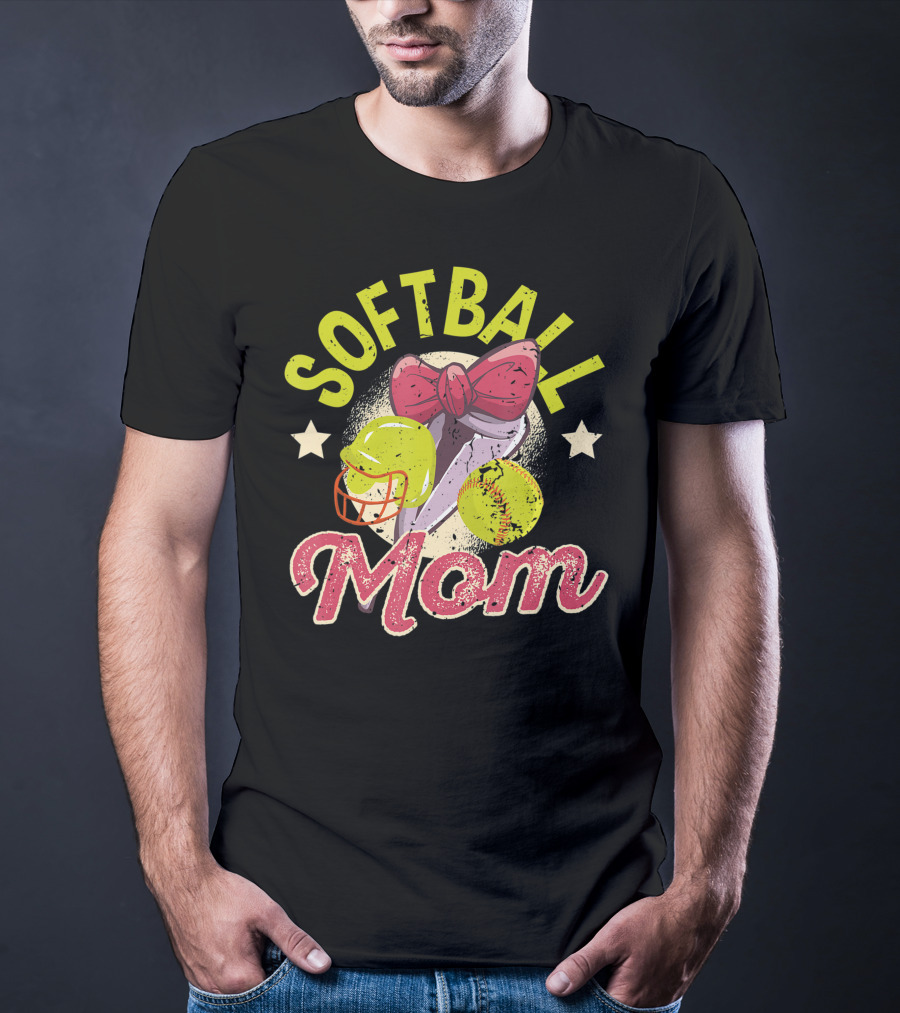Softball Mom Mother's Day Softball Mama Bow Helmet Ball T-Shirt
