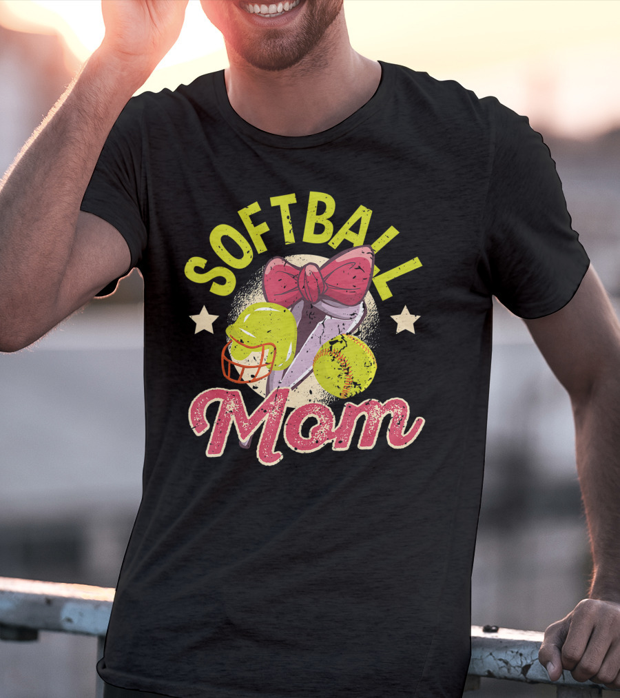 Softball Mom Mother's Day Softball Mama Bow Helmet Ball T-Shirt
