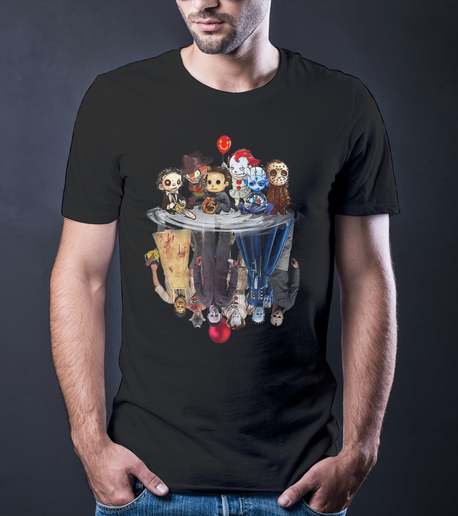 Cute Horror Movie Chibi Character Water Reflection Iconic Figures T-Shirt