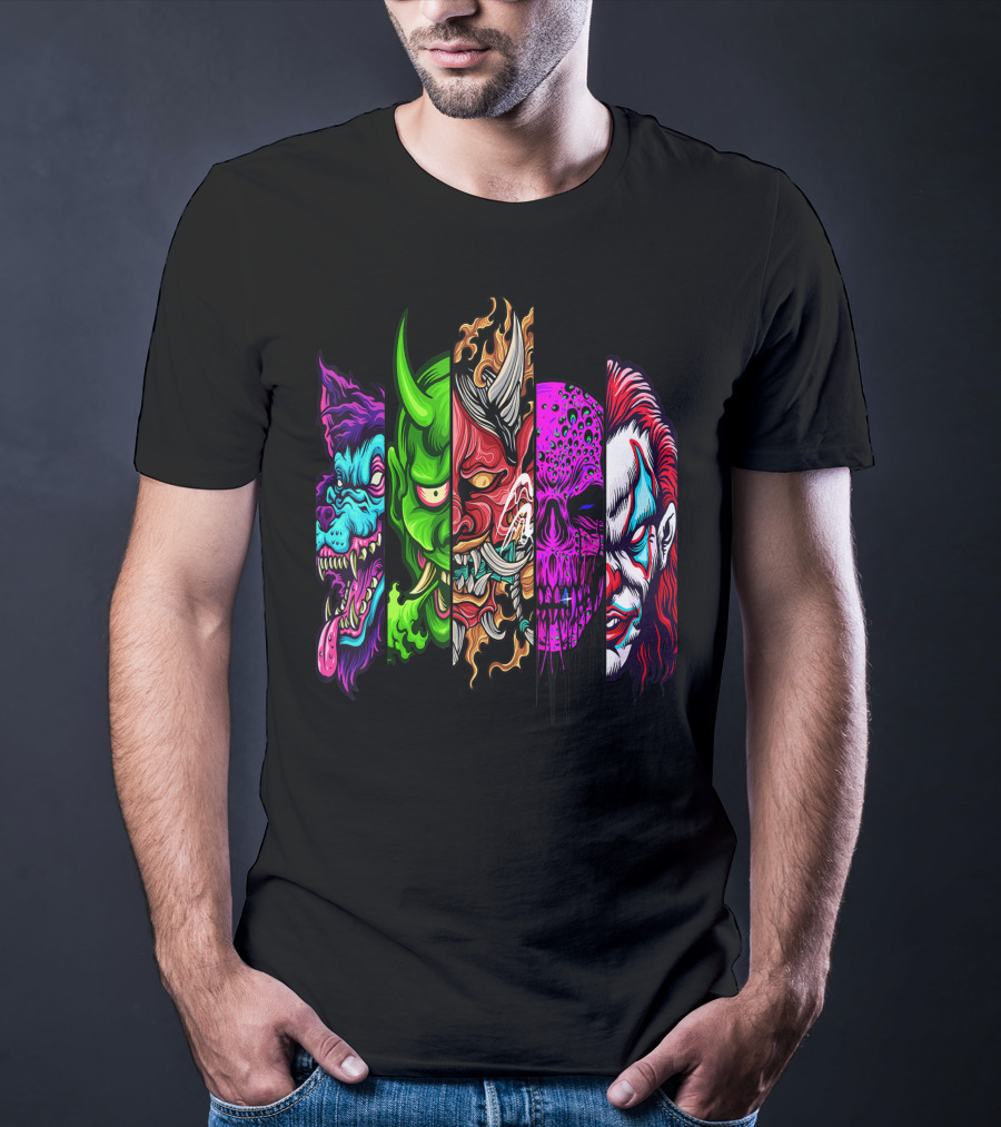 Evil Demons Horror Creatures Scary Halloween Monster Faces T-Shirt