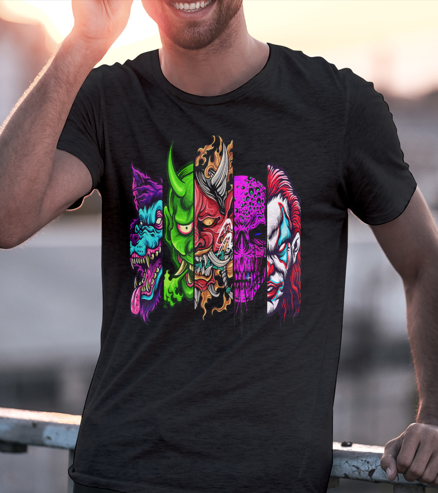Evil Demons Horror Creatures Scary Halloween Monster Faces T-Shirt