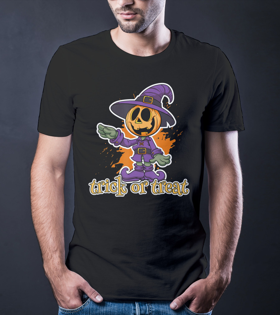 Trick Or Treat Funny Halloween Pumpkin In Witch Hat T-Shirt