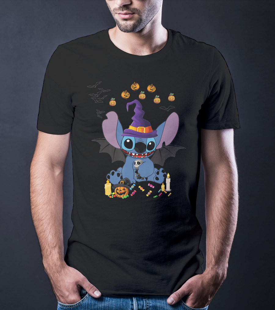 Stitch In Witch Hat Surrounded By Pumpkins And Candies T-Shirt