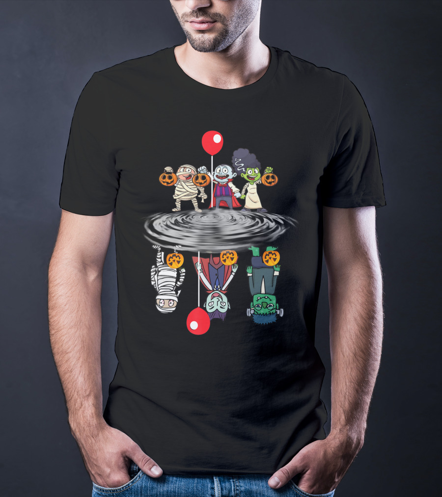 Halloween Horror Characters Reflection In Water With Red Balloons T-Shirt