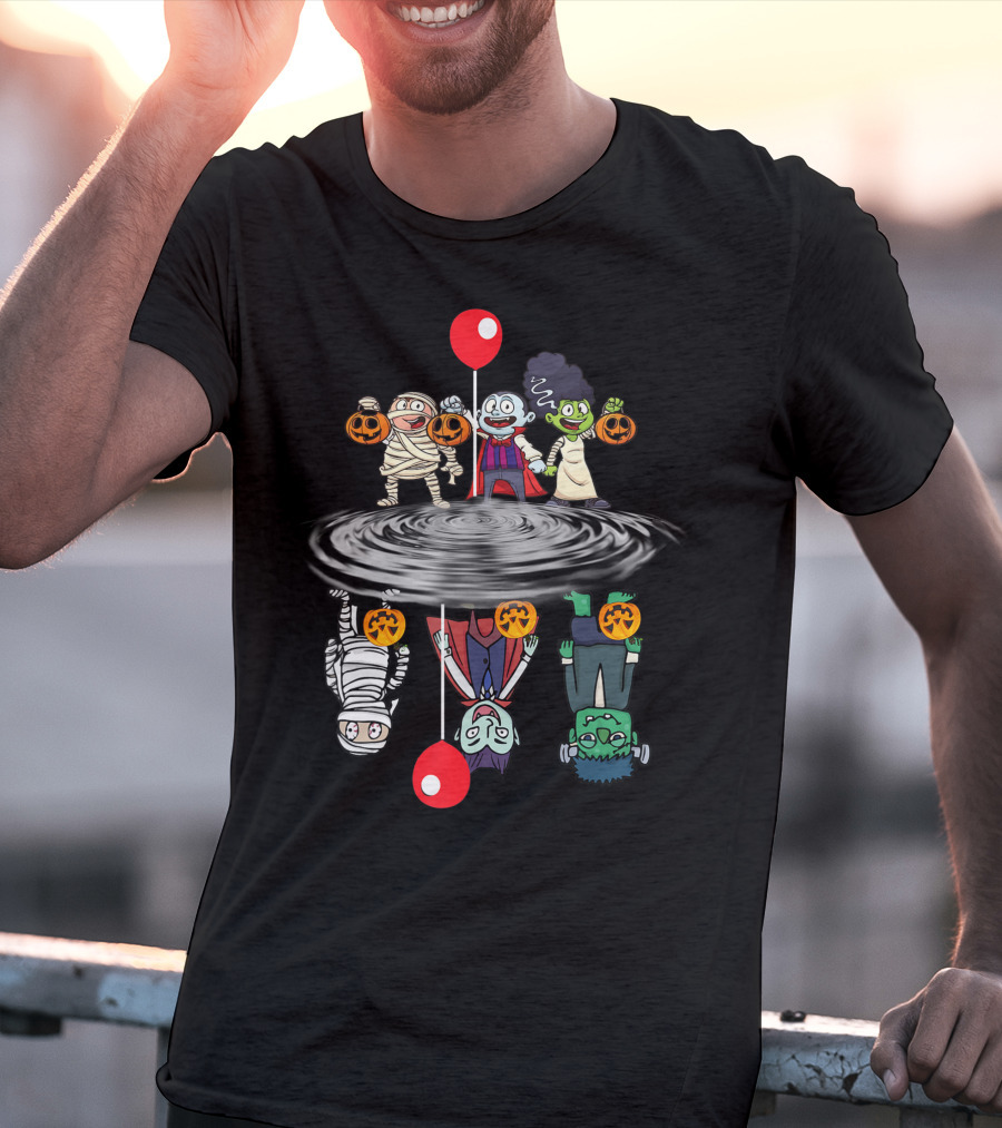 Halloween Horror Characters Reflection In Water With Red Balloons T-Shirt