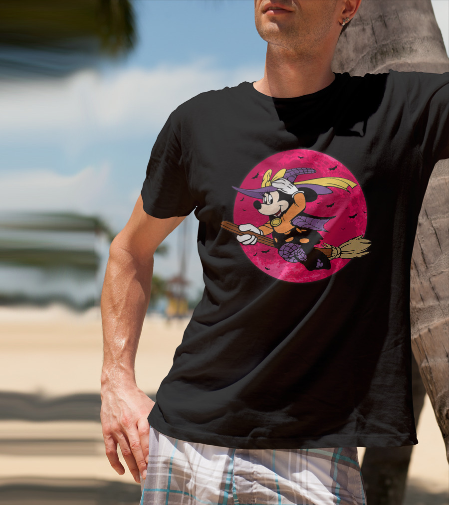 Happy Halloween Witch Costume Broomstick Against Pink Moon With Bats T-Shirt