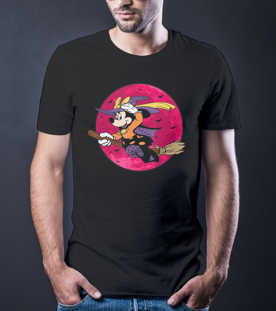 Happy Halloween Witch Costume Broomstick Against Pink Moon With Bats T-Shirt