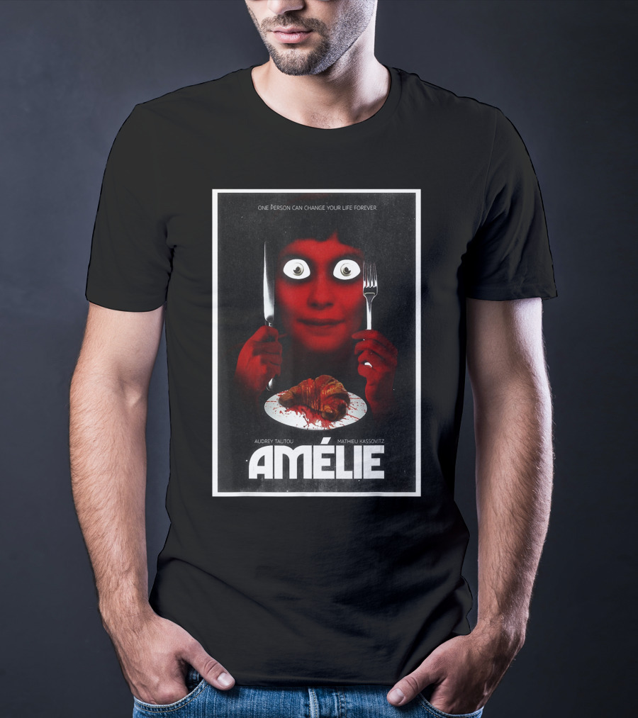 Amélie Horror Parody Audrey Tautou Matthieu Kassovitz Creepy Croissant T-Shirt
