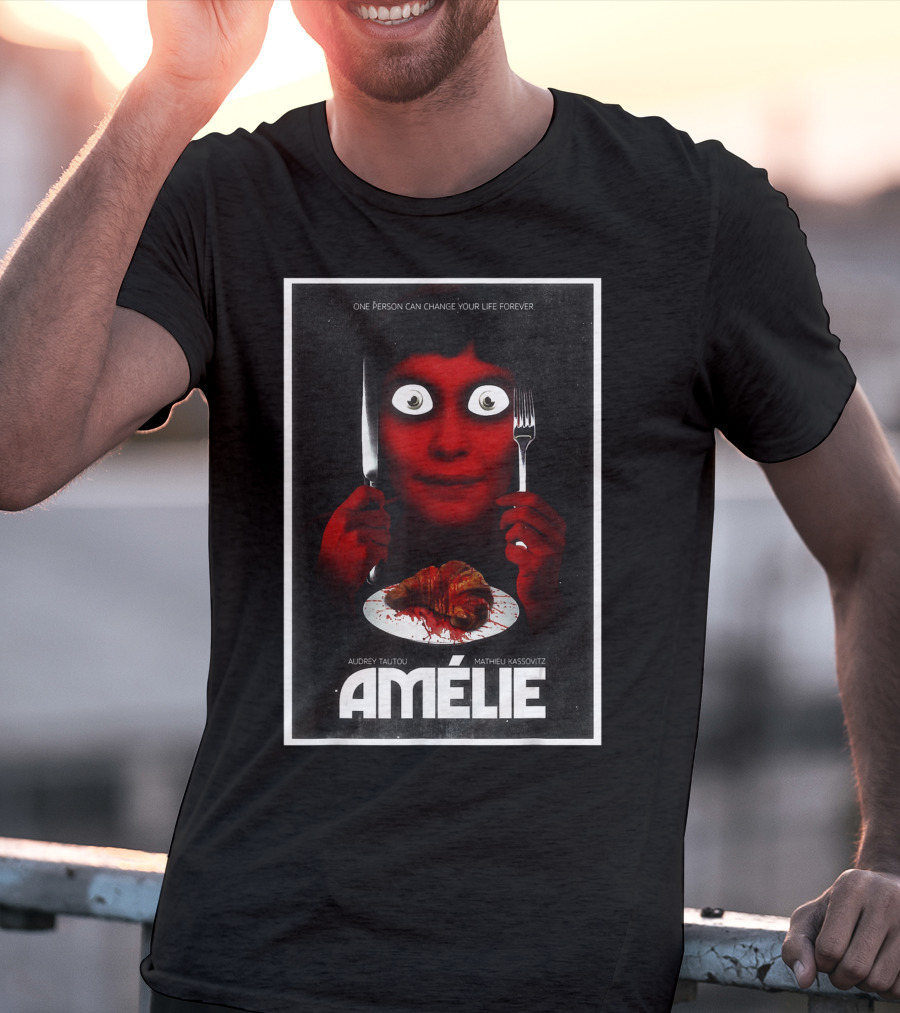 Amélie Horror Parody Audrey Tautou Matthieu Kassovitz Creepy Croissant T-Shirt