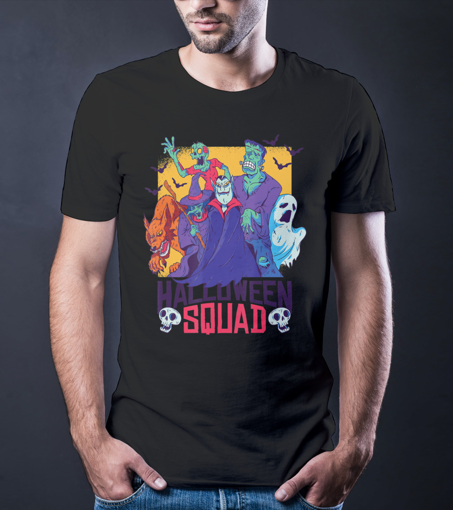 Halloween Squad Funny Horror Characters Vampire Wolf Zombie Ghost Monster T-Shirt