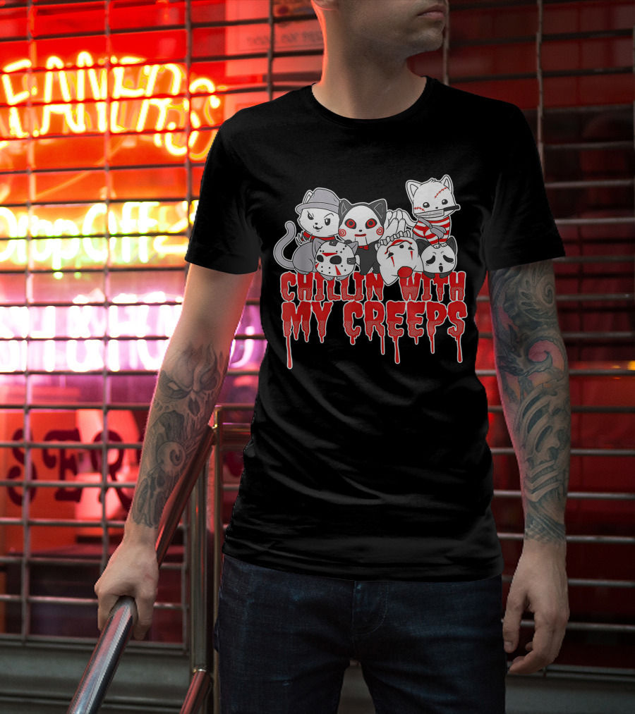 Chillin With My Creeps Halloween Cats In Costumes T-Shirt