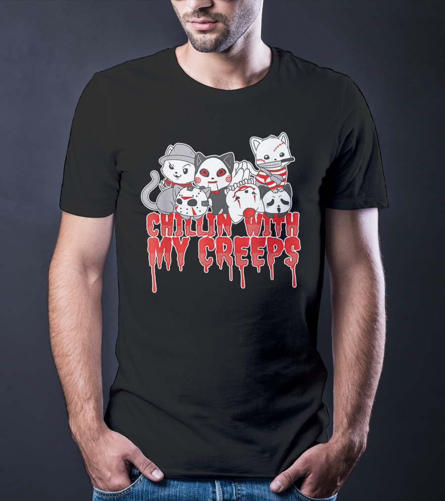 Chillin With My Creeps Halloween Cats In Costumes T-Shirt