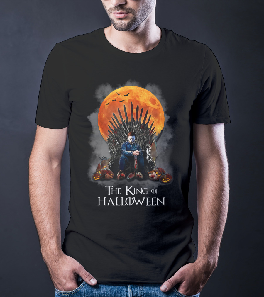 The King Of Halloween Horror Characters On Throne With Full Moon And Pumpkins T-Shirt