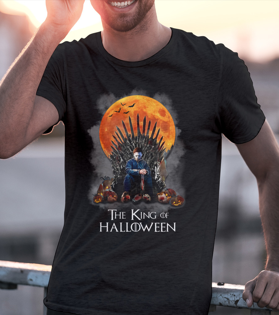 The King Of Halloween Horror Characters On Throne With Full Moon And Pumpkins T-Shirt