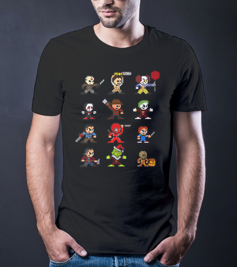 Pixelated Horror Icons Halloween Christmas Gamer Mashup T-Shirt