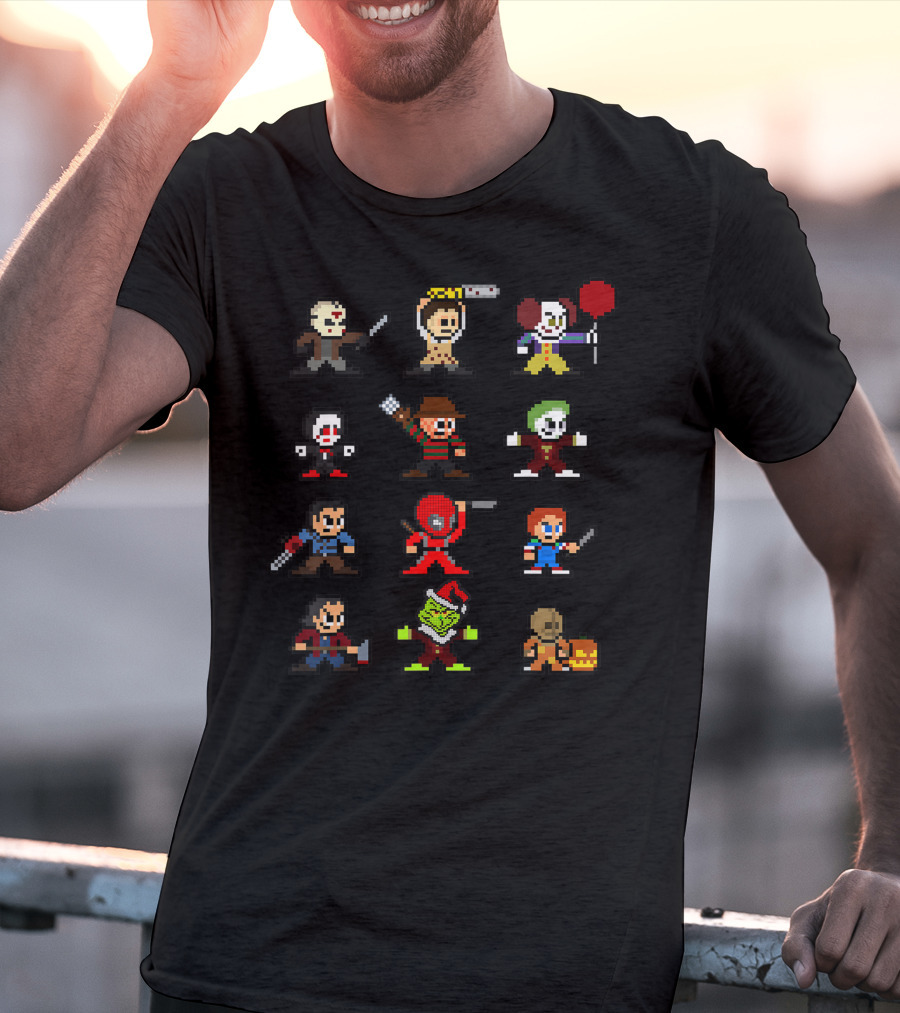 Pixelated Horror Icons Halloween Christmas Gamer Mashup T-Shirt