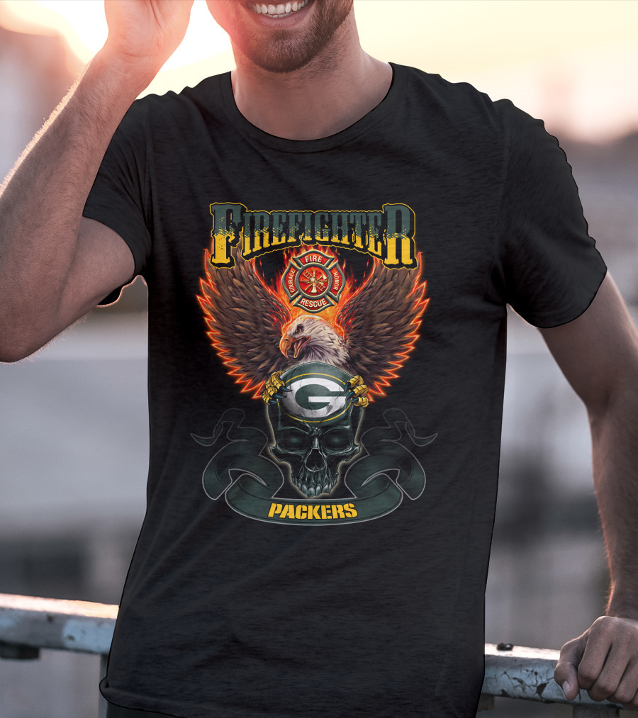 Firefighter Fire Rescue Eagle Green Bay Packers Skull T-Shirt