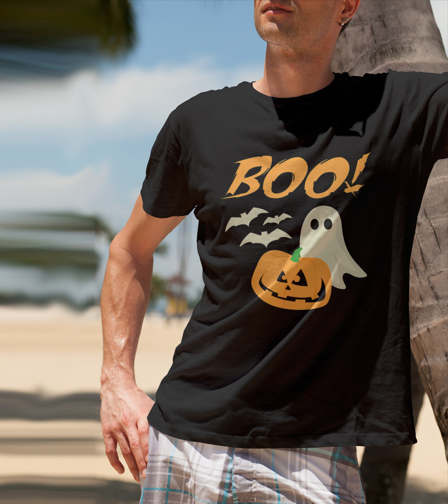 Boo Halloween Ghost Bats Jack O Lantern Spooky Scene T-Shirt