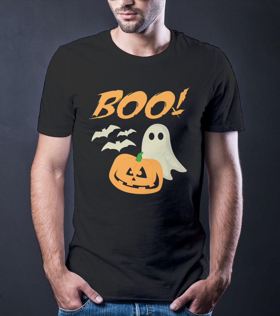 Boo Halloween Ghost Bats Jack O Lantern Spooky Scene T-Shirt