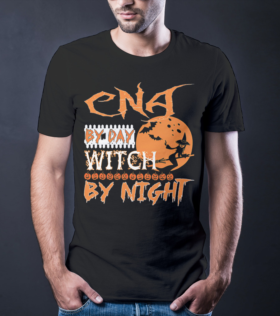 CNA By Day Witch By Night Flying Witch On Broom With Pumpkins And Bats T-Shirt
