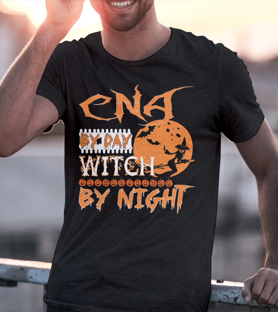 CNA By Day Witch By Night Flying Witch On Broom With Pumpkins And Bats T-Shirt