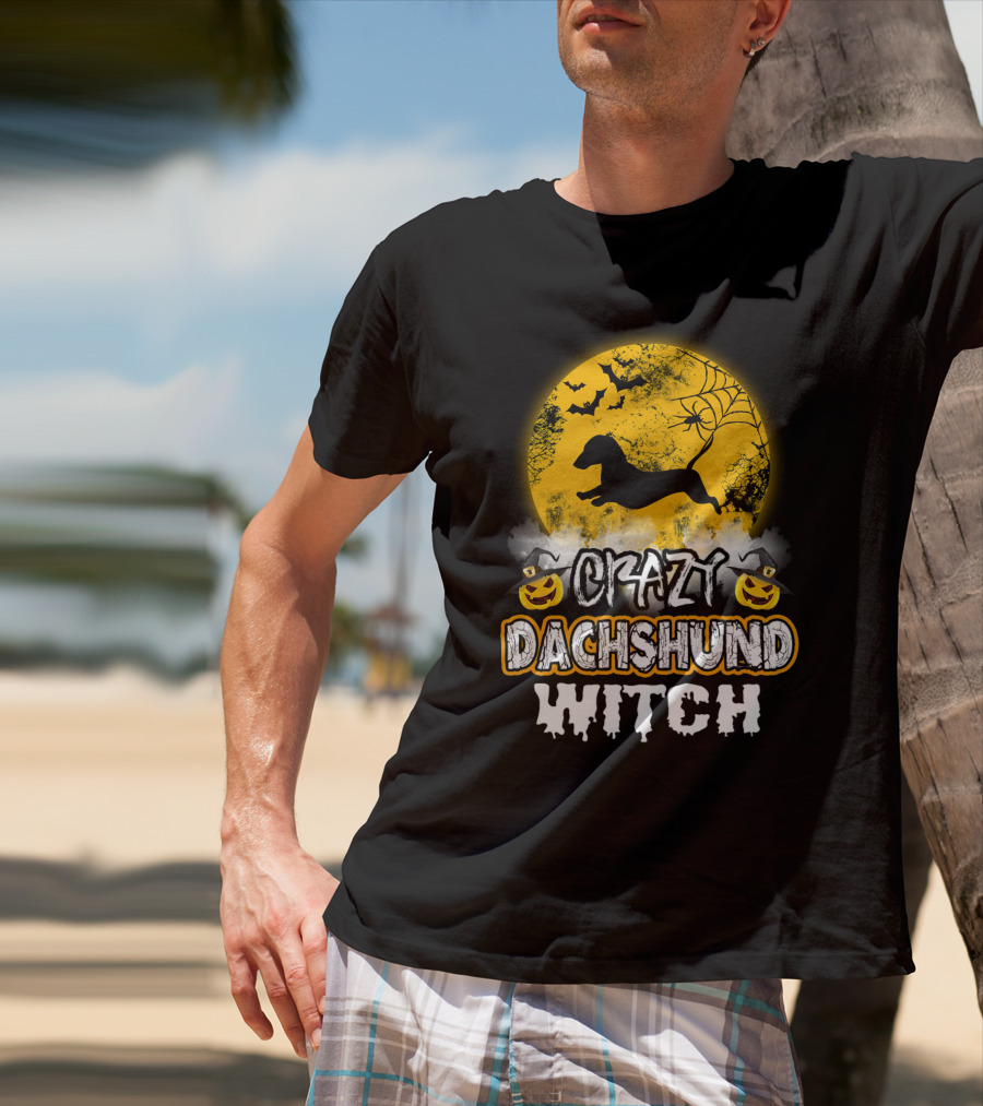 Crazy Dachshund Witch Moon Bats Pumpkin T-Shirt