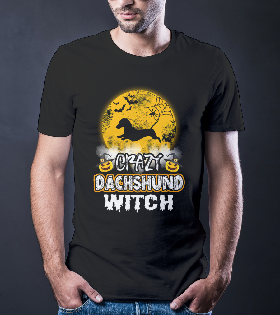 Crazy Dachshund Witch Moon Bats Pumpkin T-Shirt